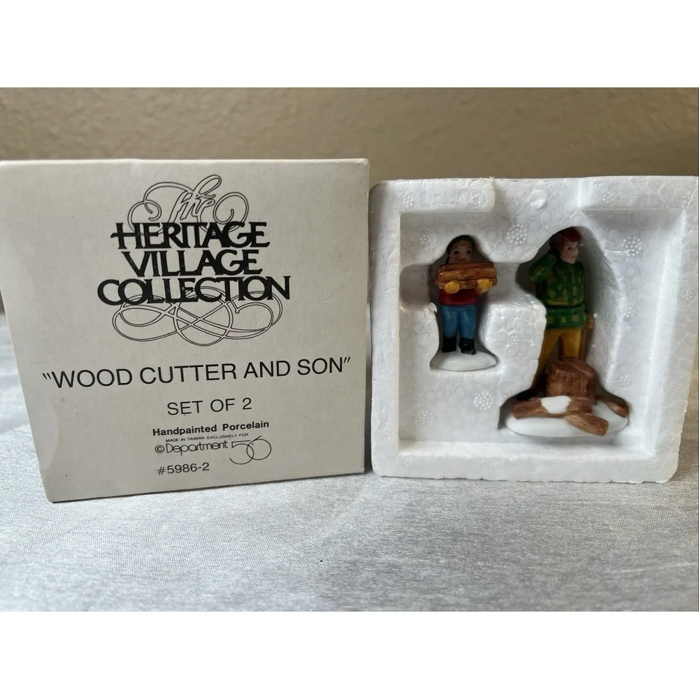 Vintage- DEPT. 56 5986-2  HERITAGE  VILLAGE  WOOD CUTTER AND SON set Of 2 & Box